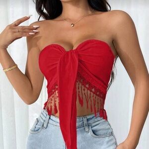 Elegant Red Strapless Lace Trim Top